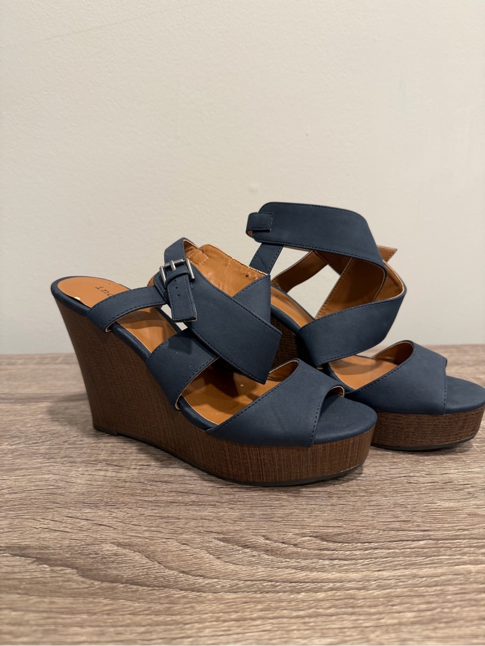 Indigo Navy Crisscross Wedge Sandals with Wood-Textured Platform